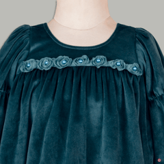 Green Puffed Sleeves Velvet Dress - Picco Ricco