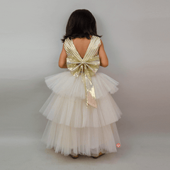 White And Golden 3 tier Lehenga With Big Bow