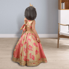 Golden and Pink Silk Lehenga With Crop Top - Picco Ricco