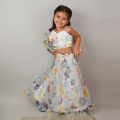 White Floral Printed organza Lehenga