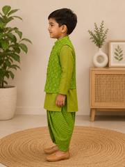BOYS GREEN COTTON KURTA WITH JACKET AND DHOTI