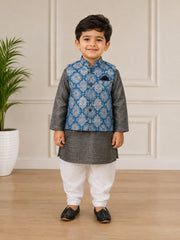 BOYS GREY KURTA SET WITH PRINTED JACKET