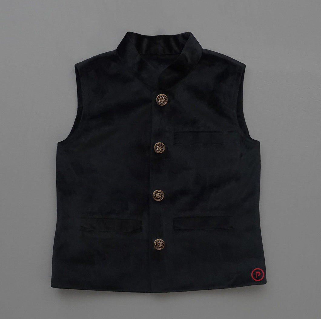 Black Solid Nehru Jacket with Golden Buttons