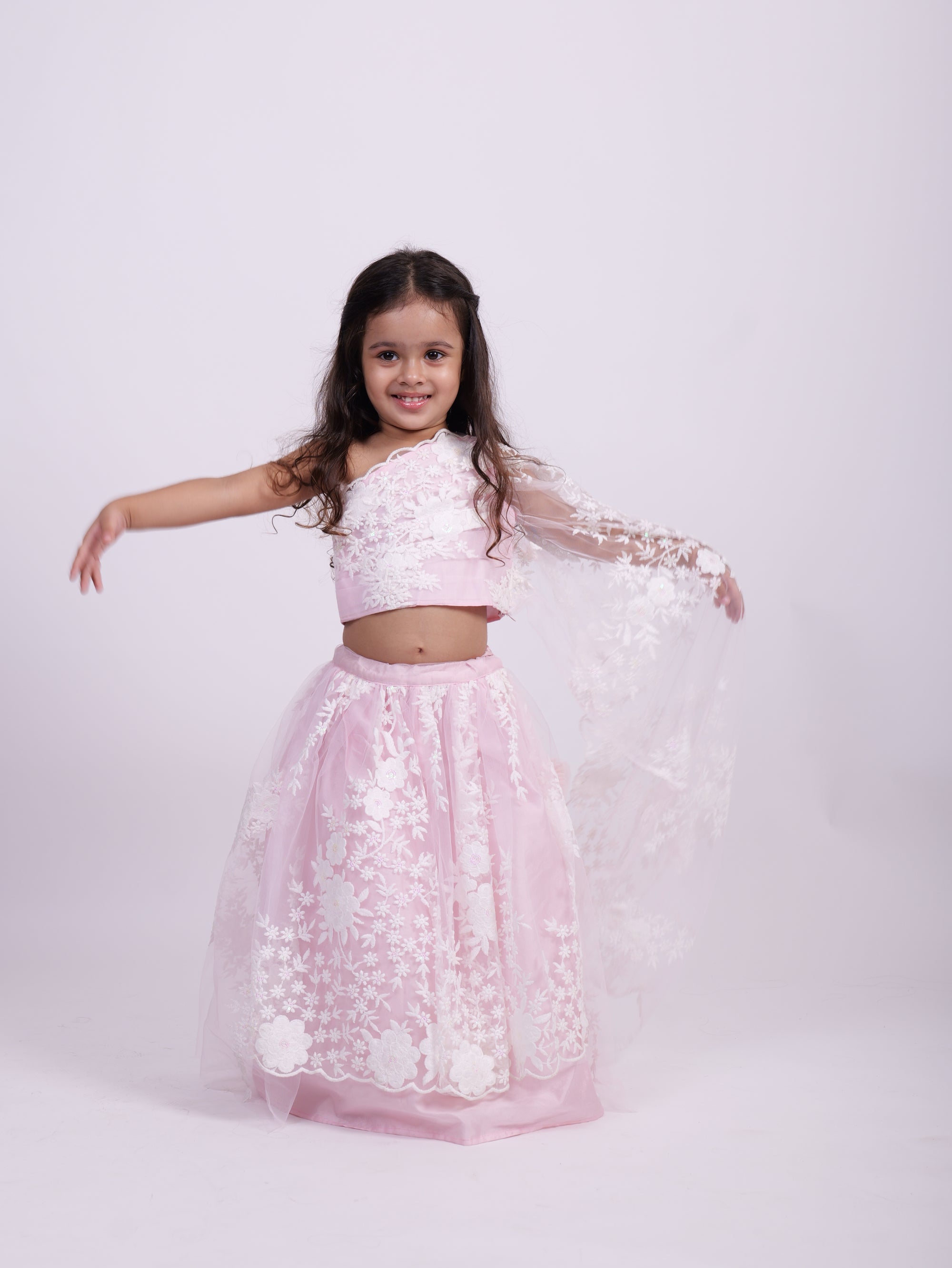 Pink Net Embodied Lehenga with one shoulder Top
