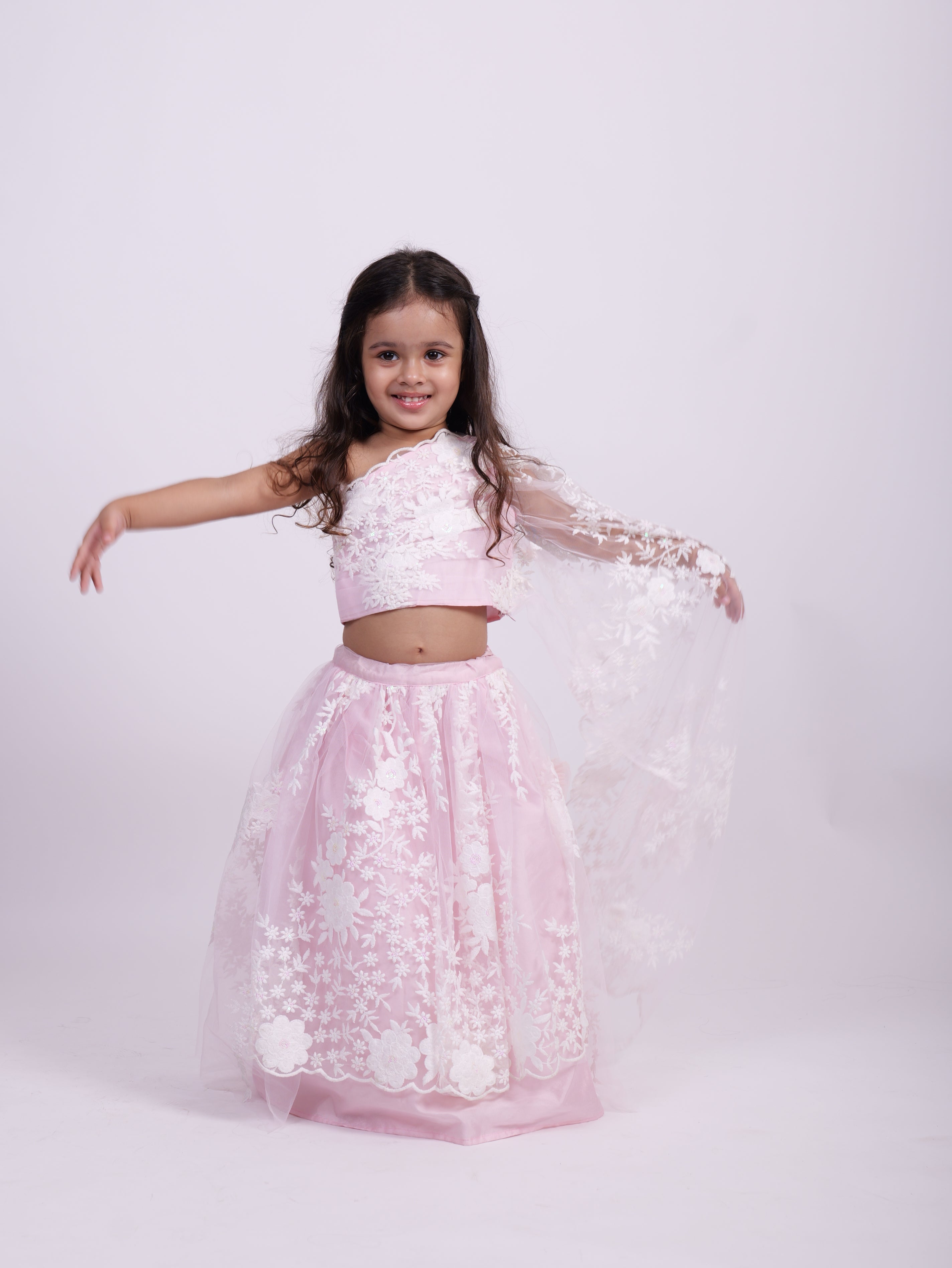 Pink Net Embodied Lehenga with one shoulder Top