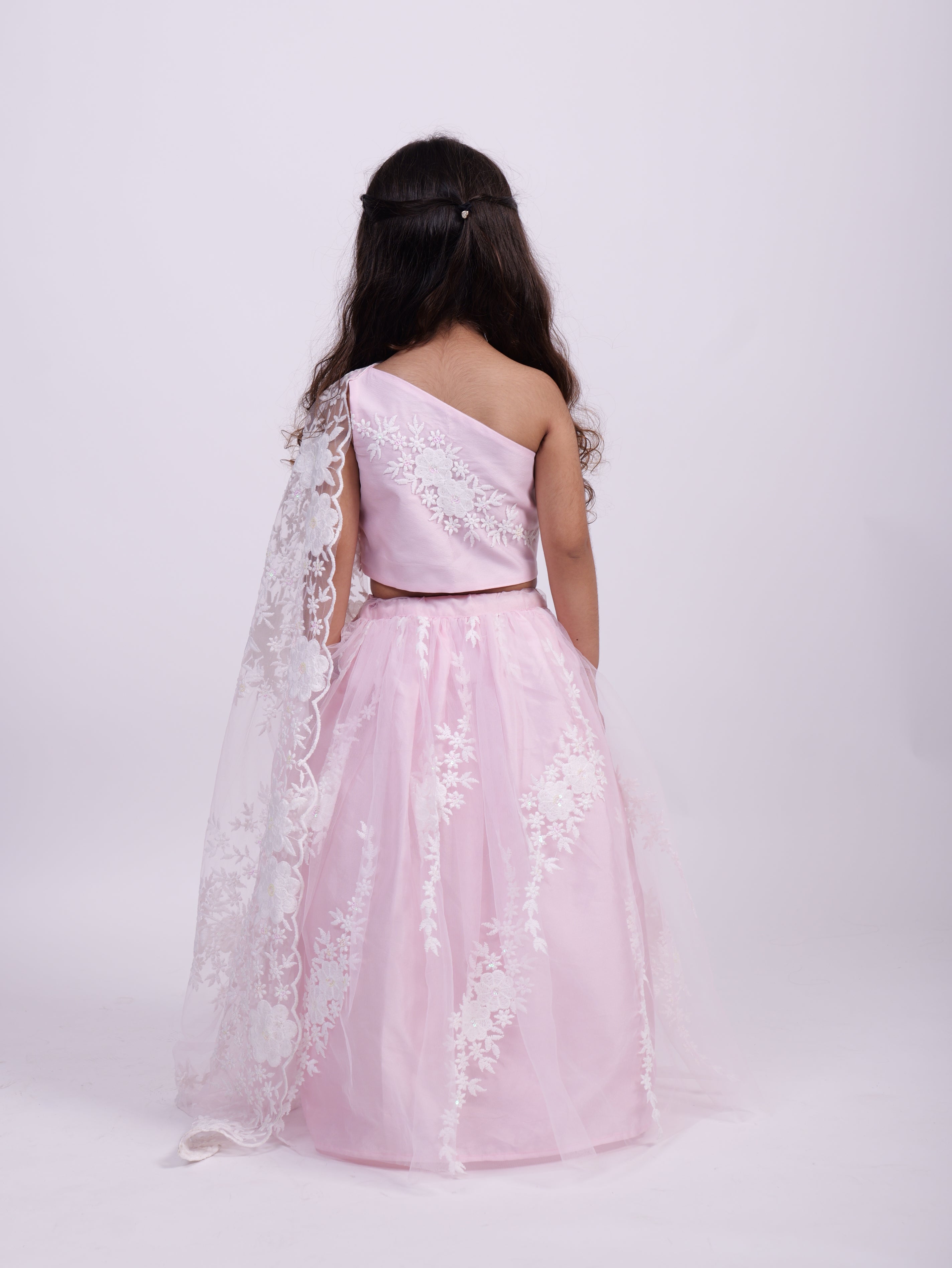 Pink Net Embodied Lehenga with one shoulder Top