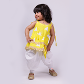 Yellow Layered Kurti And Dhoti With Designer Bag