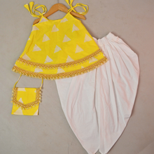 Load image into Gallery viewer, Yellow Layered Kurti And Dhoti With Designer Bag
