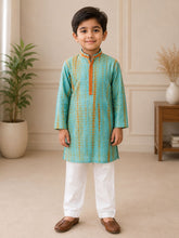 BLUE ORANGE SHIBORI PRINT SILK KURTA PAJAMA