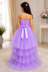 Lilac dress with frills and detachable trail