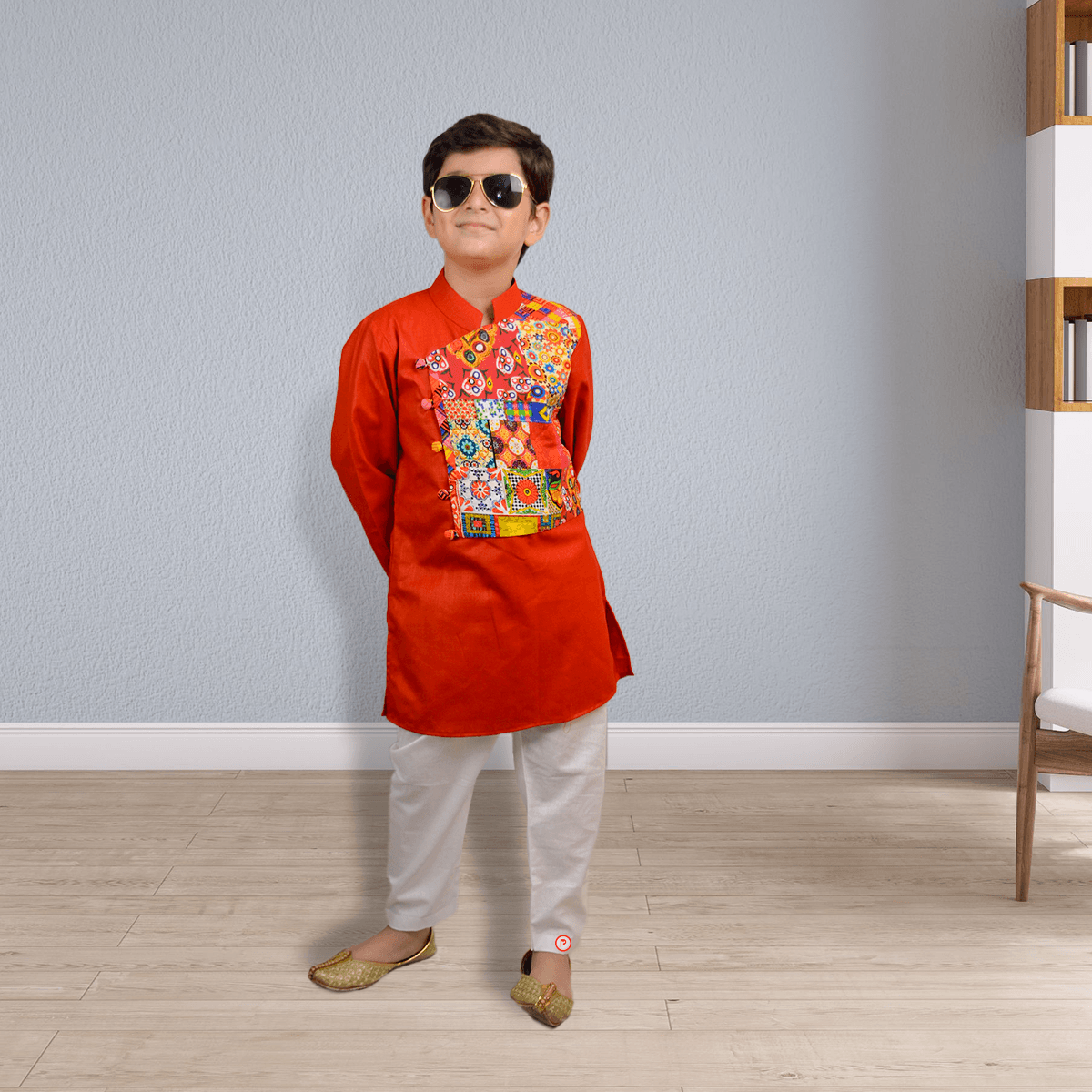 Stylish Red Kurta with Attached Flap and Pyjama - Picco Ricco