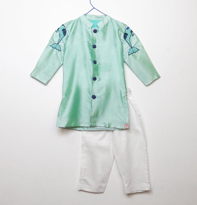 Sea Green White Embellished  with Kurta Pyjama  boys