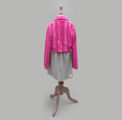 Solid Pink Short Faux Fur Jacket with Tie Knot Front for Girls
