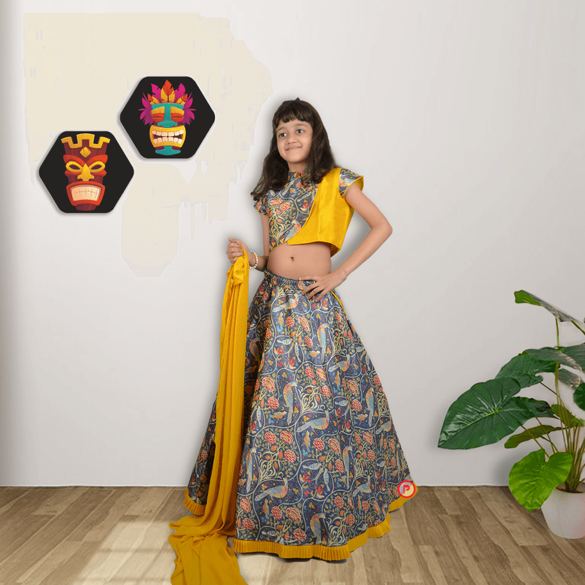 Yellow Printed Lehenga in Multicolour With Dupatta - Picco Ricco