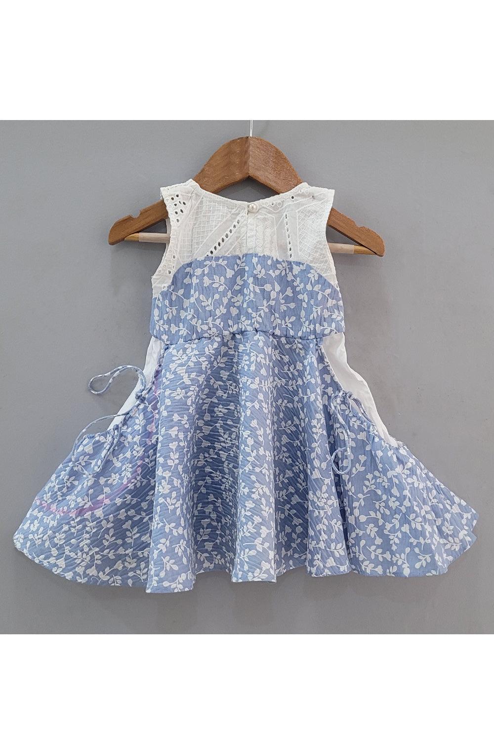 White And Blue Floral Printed Cotton Frock - Picco Ricco