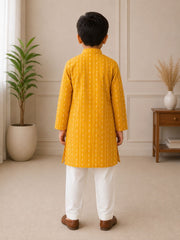 BOYS MUSTARD YELLOW KURTA PAJAMA SET WITH THREADWORK
