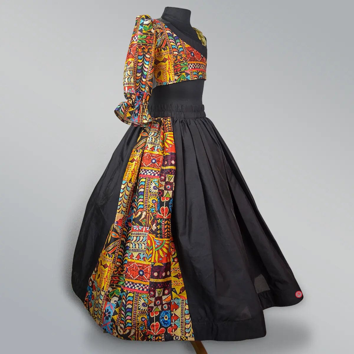 Black Silk Printed Lehenga With Stylish Crop Top - Picco Ricco 