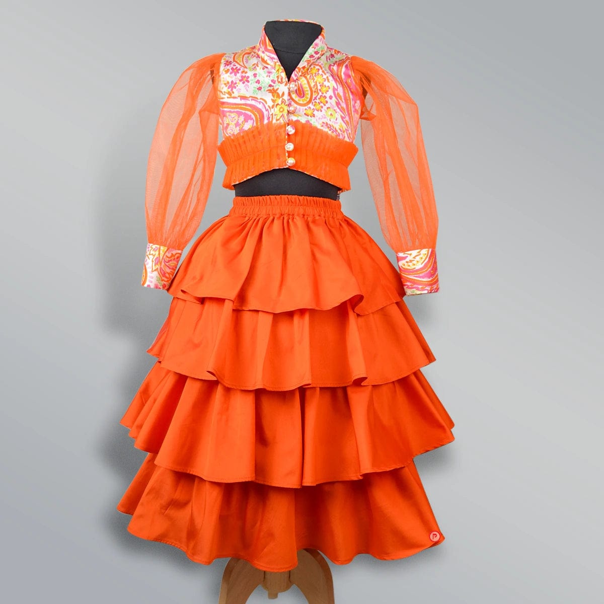 Orange Indo Western Crop Top And Skirt - Picco Ricco 