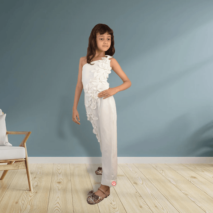 jumpsuit for kids I floral design jumpsuit I white color jumpsuit I party wear jumpsuit I