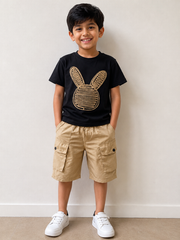 BOYS BLACK AND BEIGE SHORTS SET WITHBUNNY EMBROIDERY