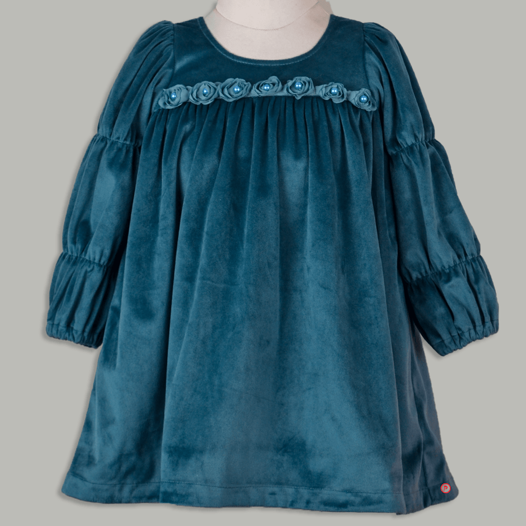 Green Puffed Sleeves Velvet Dress - Picco Ricco 