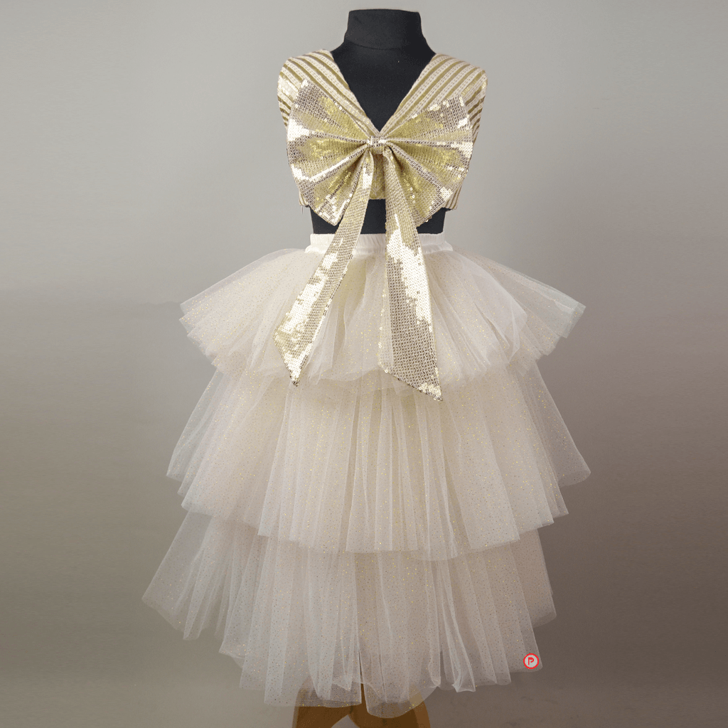 White And Golden Lehenga With Big Bow