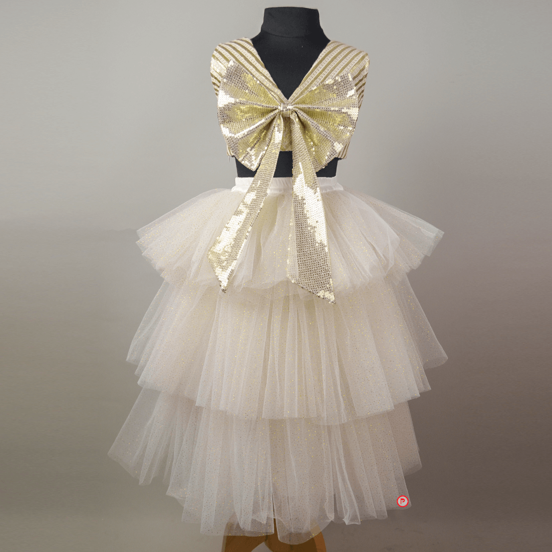 White And Golden Lehenga With Big Bow