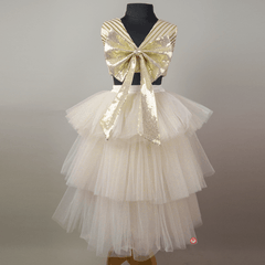 White And Golden 3 tier  Lehenga With Big Bow