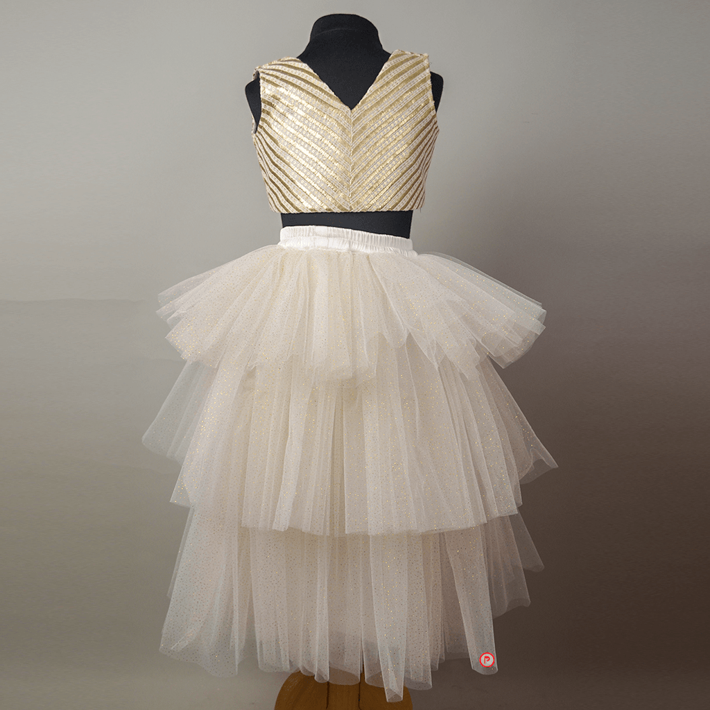 White And Golden Lehenga With Big Bow