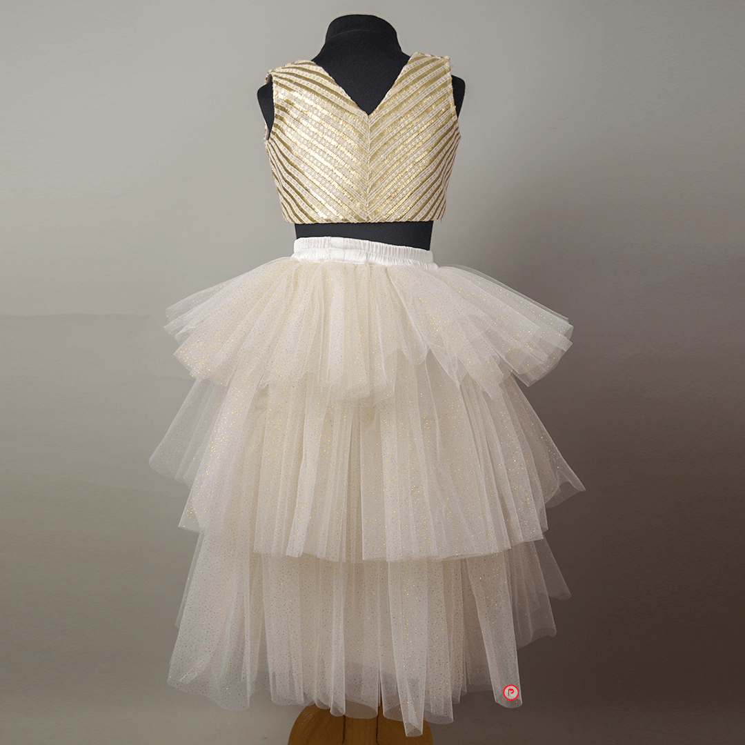 White And Golden Lehenga With Big Bow