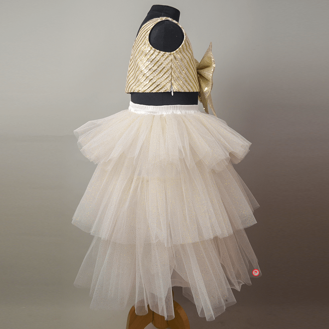 White And Golden Lehenga With Big Bow