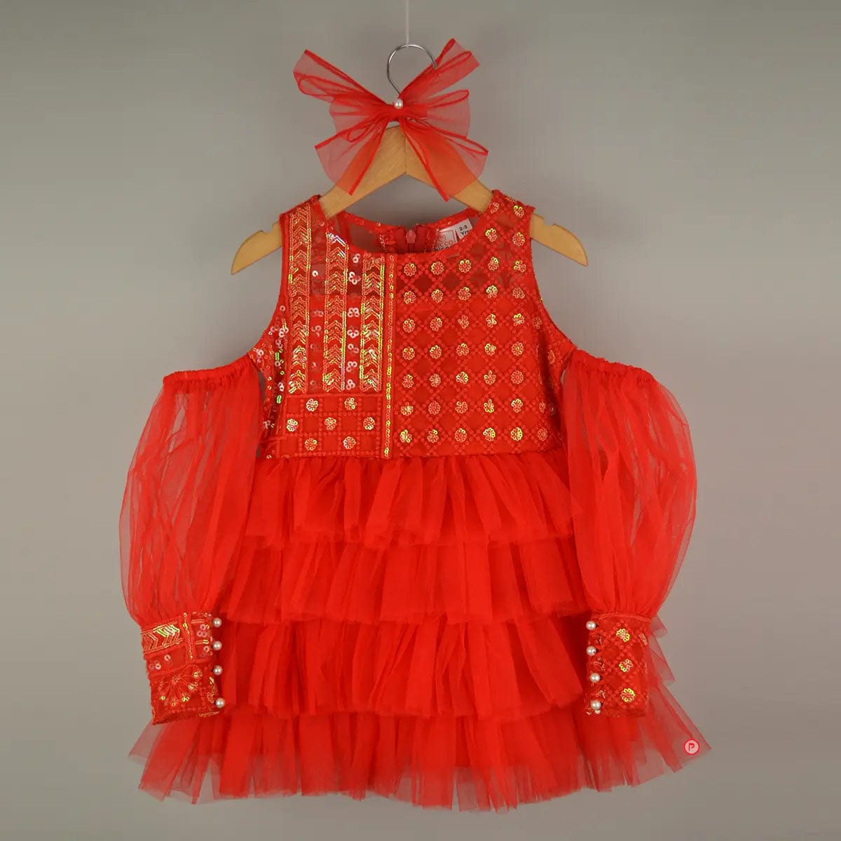 Red Sequence Work Ruffle Dress - Picco Ricco 
