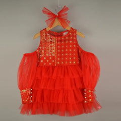Red Sequence Work Ruffle Dress - Picco Ricco 