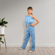 Load image into Gallery viewer, Blue Checkered Crop Top and Pant Set
