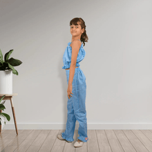 Load image into Gallery viewer, Blue Checkered Crop Top and Pant Set
