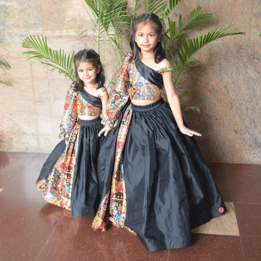 Black Silk Printed Lehenga With Stylish Crop Top