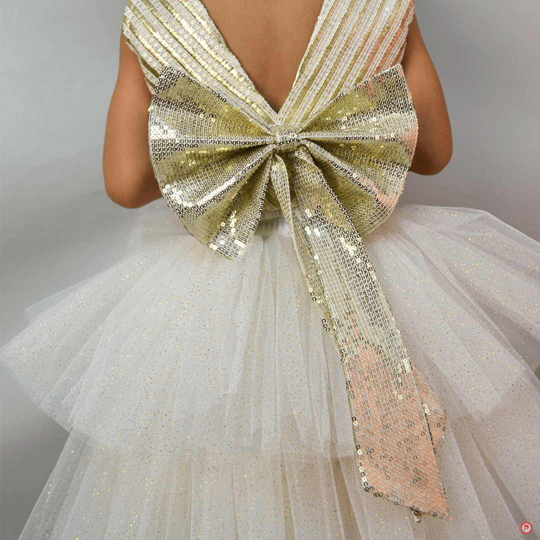 White And Golden Lehenga With Big Bow