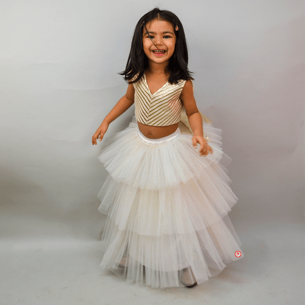 White And Golden Lehenga With Big Bow