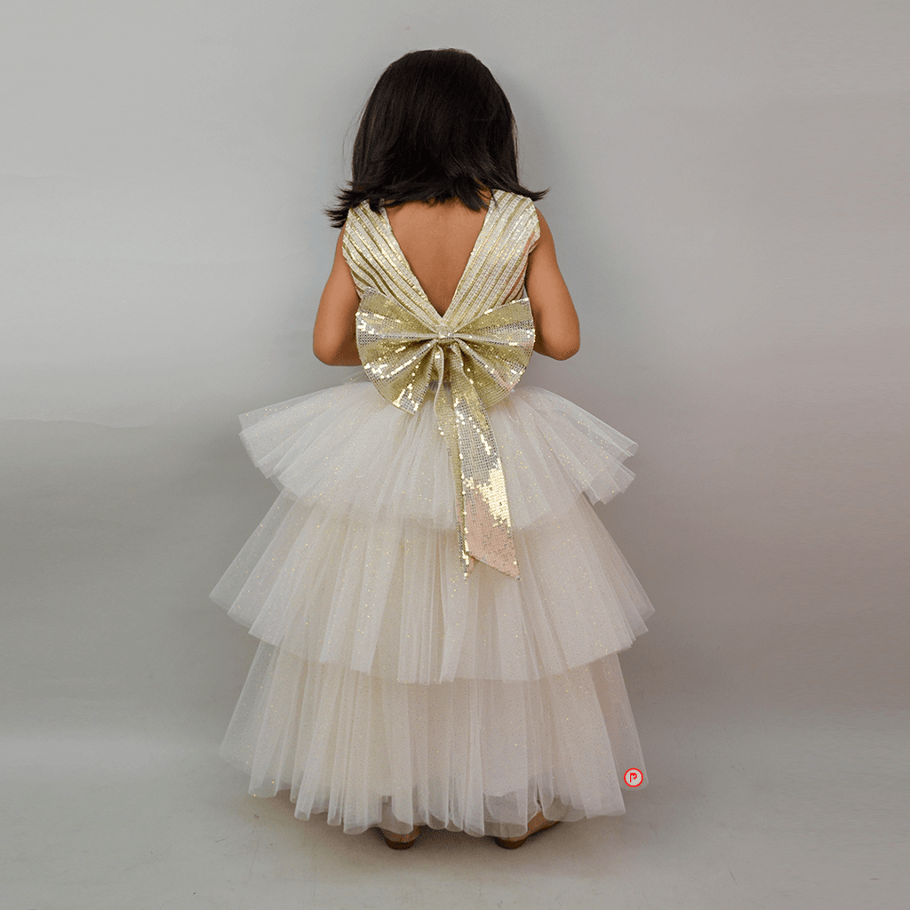 White And Golden Lehenga With Big Bow