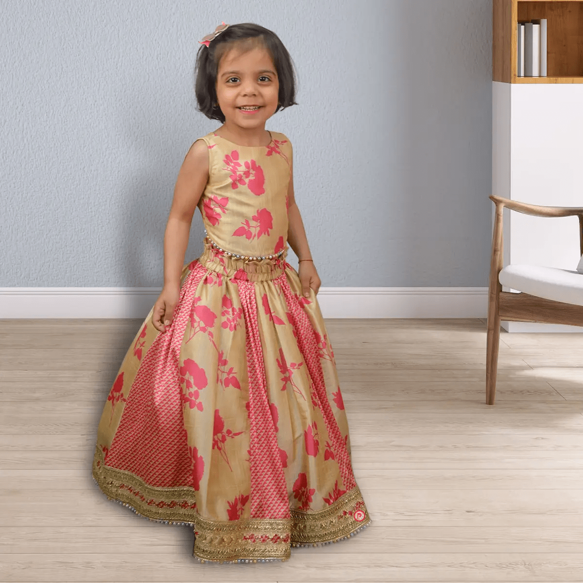 Golden and Pink Silk Lehenga With Crop Top - Picco Ricco 