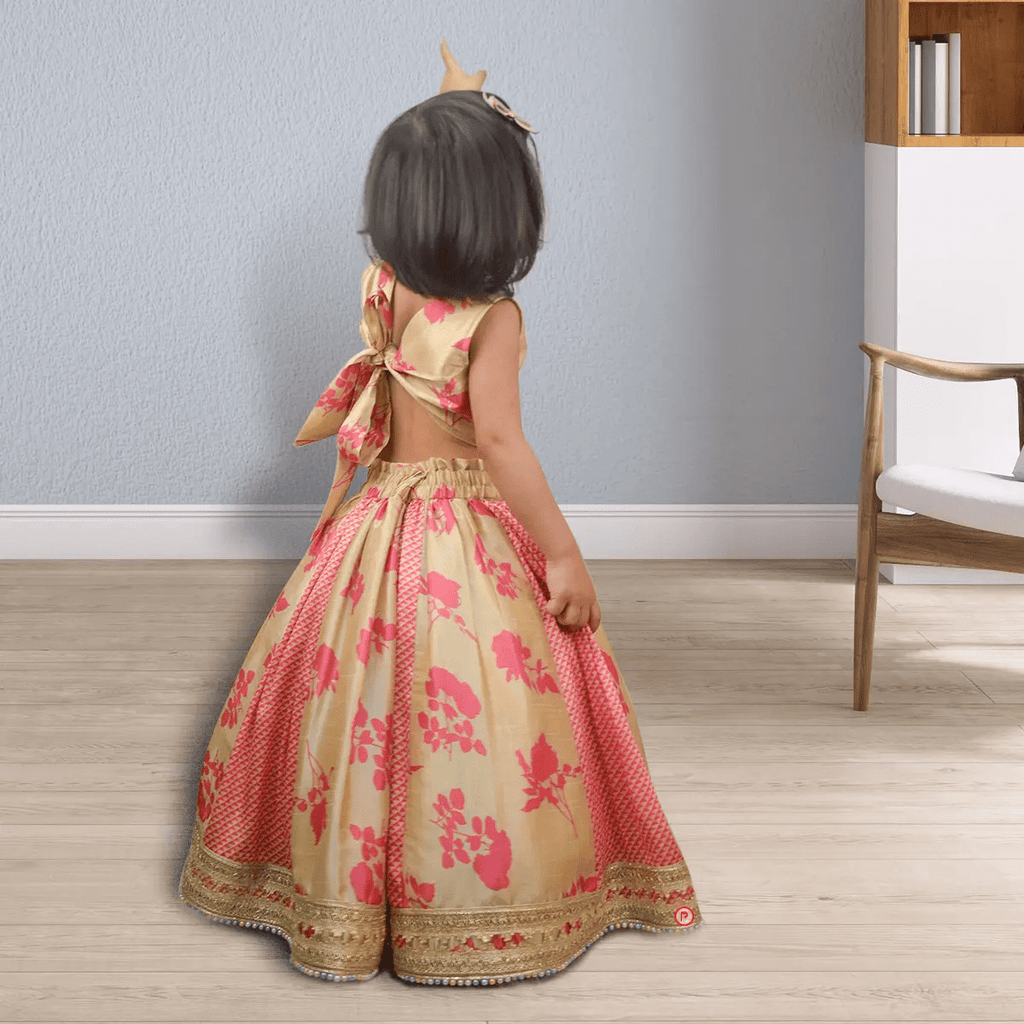 Golden and Pink Silk Lehenga With Crop Top - Picco Ricco 