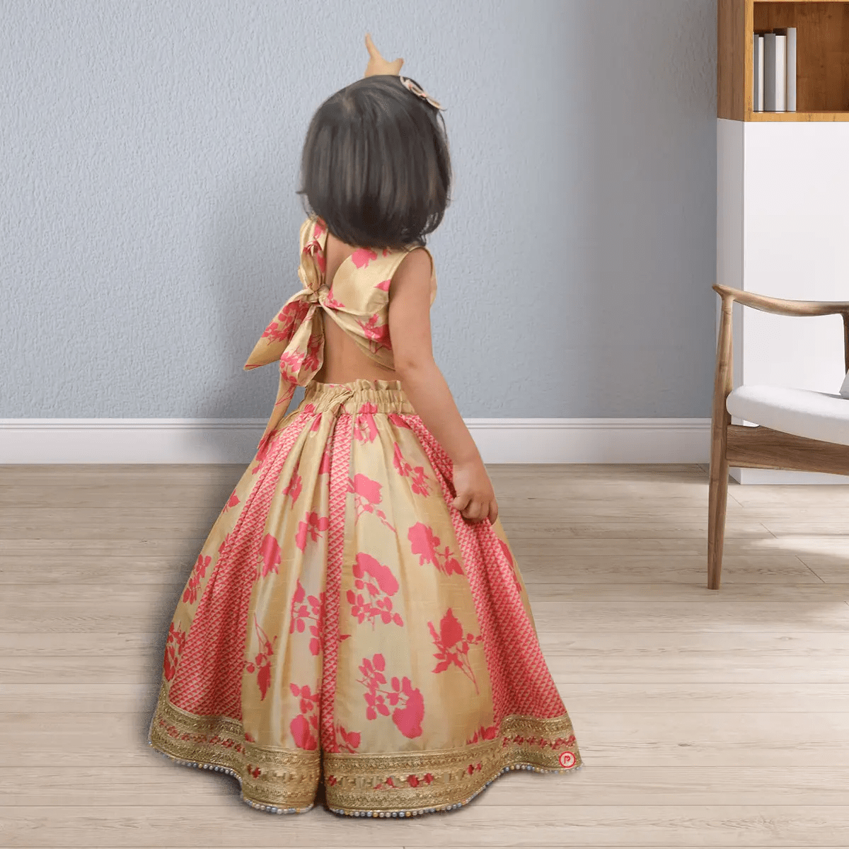 Golden and Pink Silk Lehenga With Crop Top - Picco Ricco 