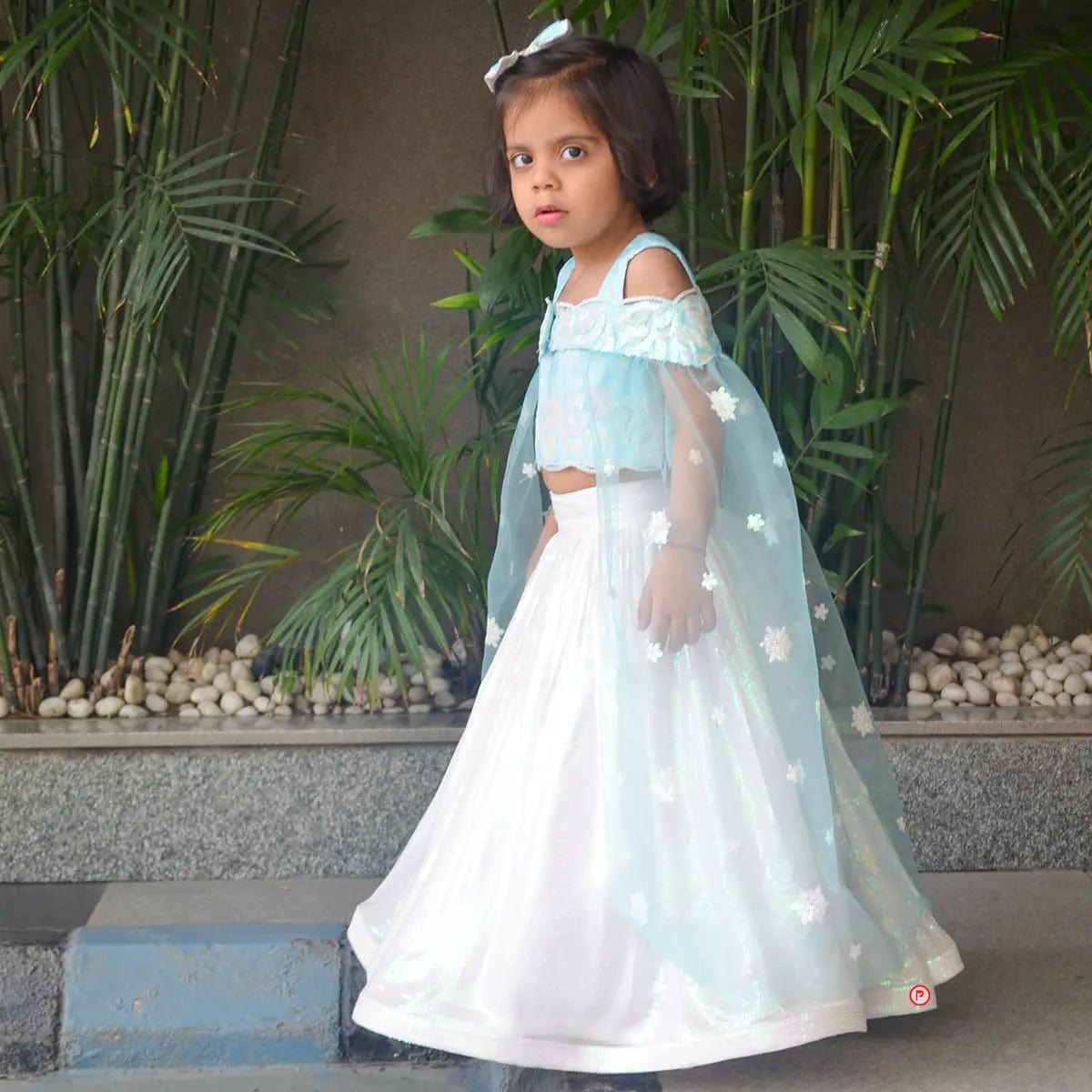 White Sequence Lehenga With Sky Blue Crop Top - Picco Ricco 