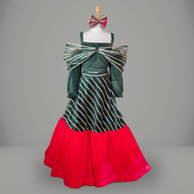 Load image into Gallery viewer, Green Velvet Bow Top with Leheriya Lehenga - Picco Ricco 
