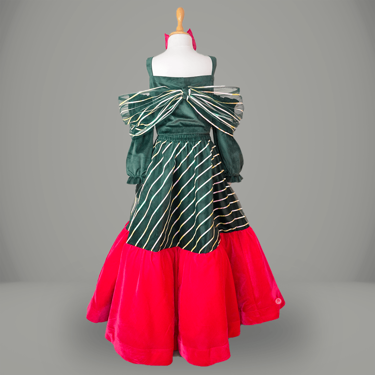 Green Velvet Bow Top with Leheriya Lehenga - Picco Ricco 