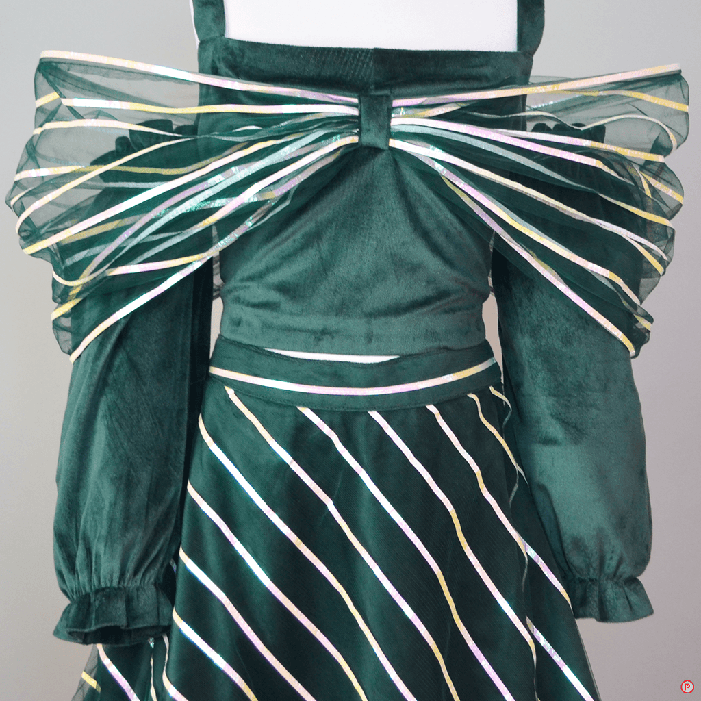 Green Velvet Bow Top with Leheriya Lehenga - Picco Ricco 