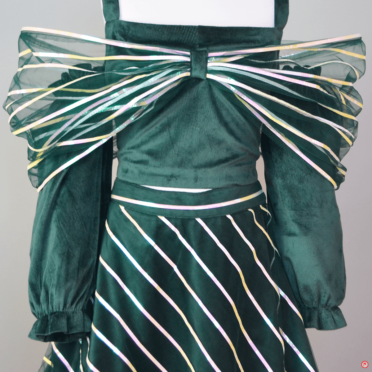 Green Velvet Bow Top with Leheriya Lehenga - Picco Ricco 