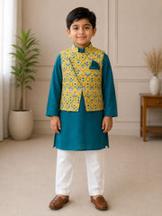 BOYS FEROZI KURTA PAJAMA SET WITH YELLOW JACKET
