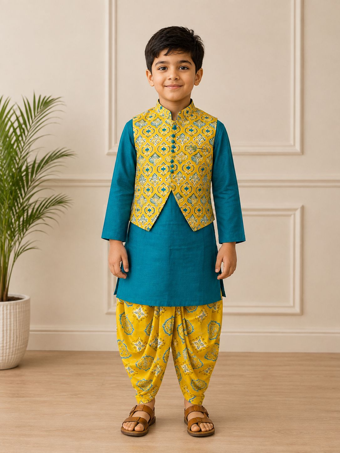 BOYS FEROZI KURTA WITH YELLOW PRINTED JACKET AND DHOTI