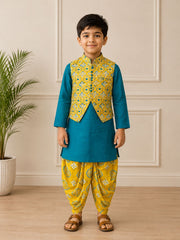 BOYS FEROZI KURTA WITH YELLOW PRINTED JACKET AND DHOTI